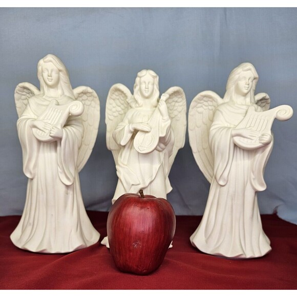 Angels Candle Holders Set of 3 PARTYLITE White w/Harp & Lute 1980s Mantel Decor - Picture 15 of 15